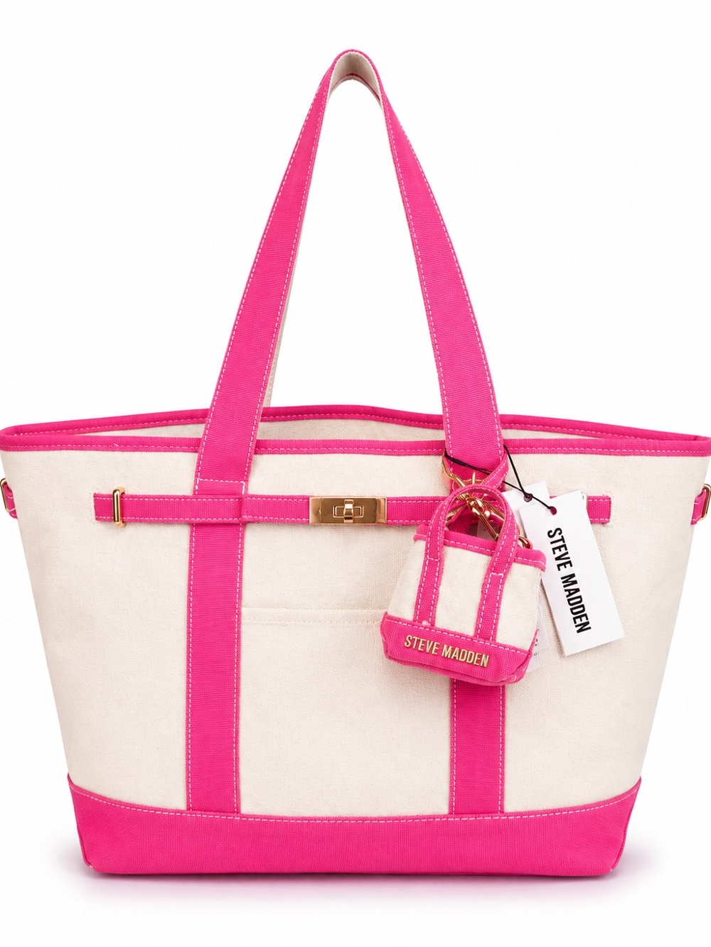Steve Madden BBOAT Hot Pink Large Canvas Tote Bag + Mini Bag Charm